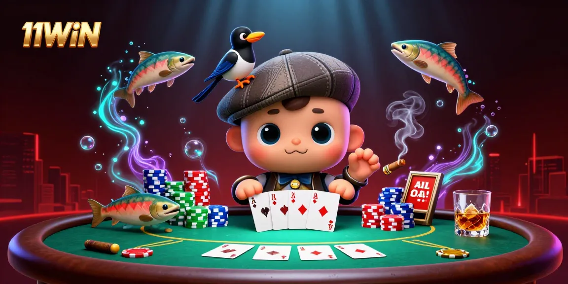 11WIN showcases a playful Loch Ness monster and friends at a vibrant poker scene, emphasizing casino excitement.