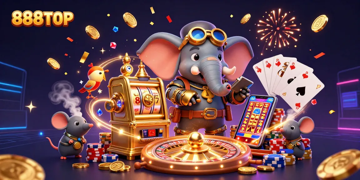 Experience thrilling slots and winnings at 888TOP with engaging characters and vibrant casino elements.