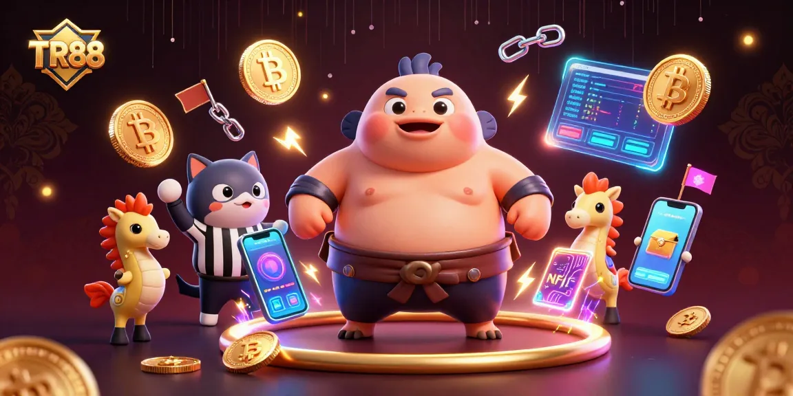 TR88 casino illustration: a fugu sumo wrestler and catfish referee amid crypto coins and dynamic gambling elements.
