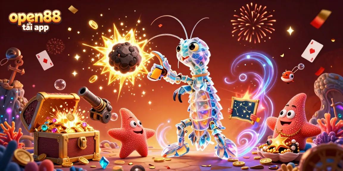 Win big with open88 tải app featuring epic gaming characters amidst gold coins and exciting treasures.