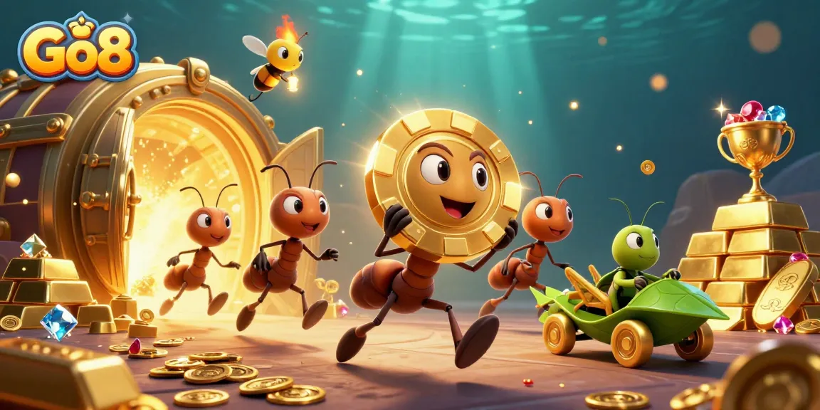 Go8 gaming scene with ants heisting a giant poker chip, illuminated by shimmering treasures.