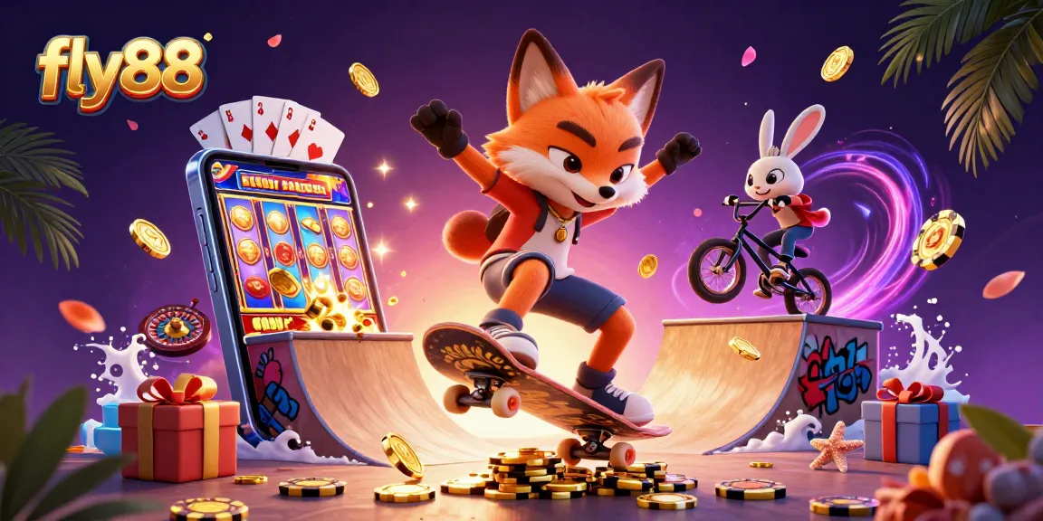 Experience thrilling gaming action with fly88's vibrant casino world illustration showcasing dynamic characters and game elements.