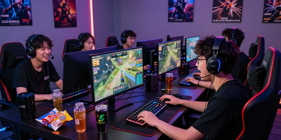 Engaging rokok88 gaming scene with players in a competitive match, tech gear, and ambient lighting.