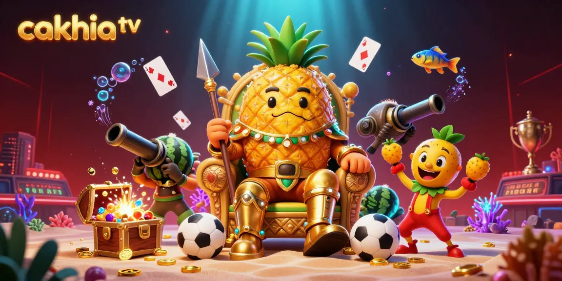 Join the excitement of cakhia tv with a vibrant scene featuring a golden pineapple king and sports elements.