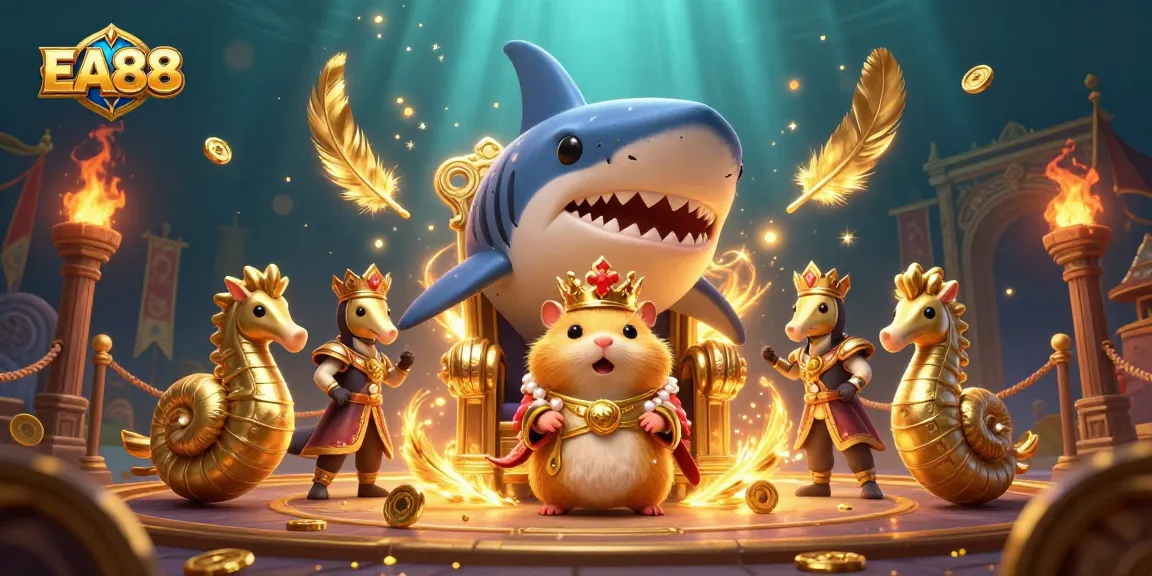Win big in EA88 with adventurous gameplay featuring a golden hamster king and his royal seahorse guards.