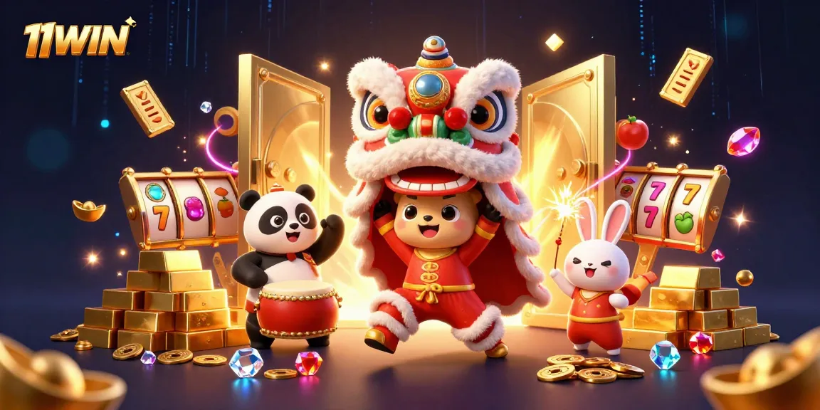 Engage with the excitement of 11WIN, showcasing vibrant characters and lavish casino elements.