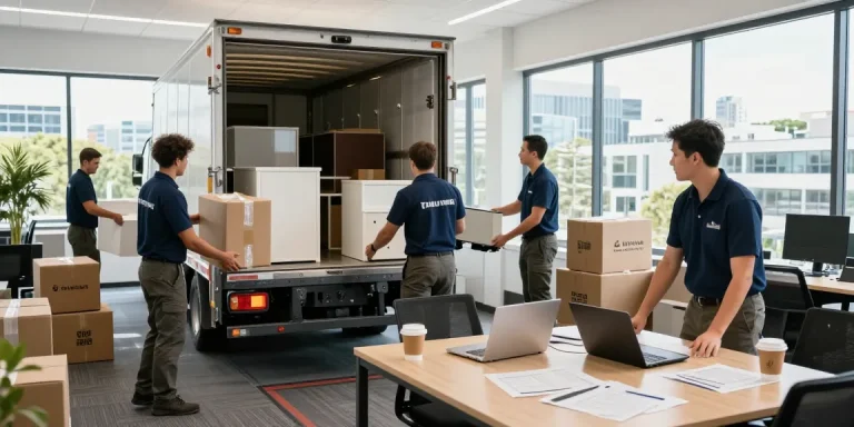 Commercial movers Tauranga carefully packing office equipment during an efficient relocation process.