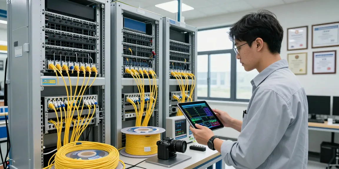 Engineer inspecting fc fiber optic cables in a high-tech facility, showcasing advanced connectivity solutions.
