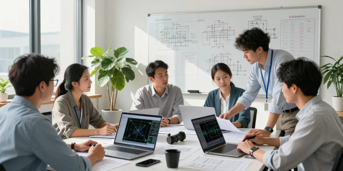 Engineering Services USA collaboration in a modern office, diverse engineers reviewing blueprints and CAD designs.