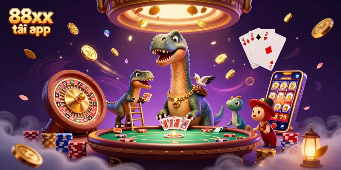 Engage with the lively 88xx tải app scene featuring a towering brontosaurus and dynamic casino action.