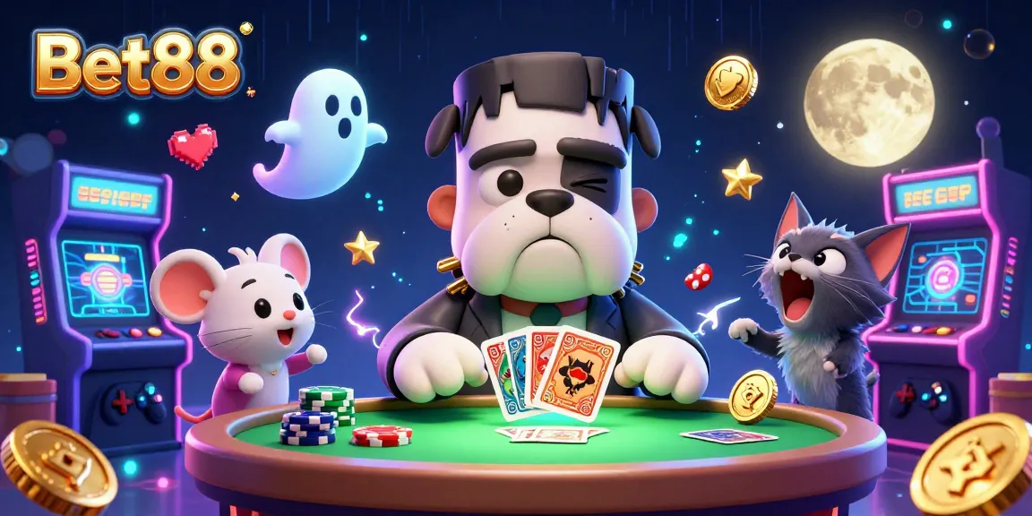 Engaging scene of Bet88 featuring a Frankenstein bulldog dealer amidst ghostly elements and casino excitement.