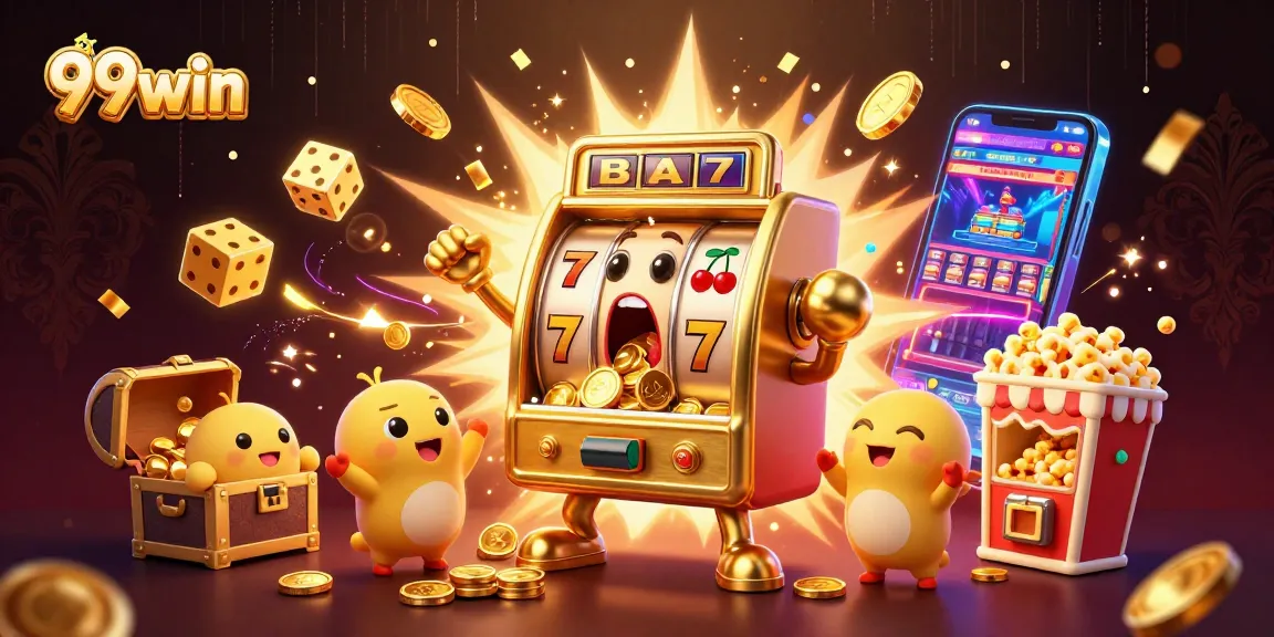 Celebrate jackpots with 99win's golden slot machine amidst vibrant casino elements and explosive action.