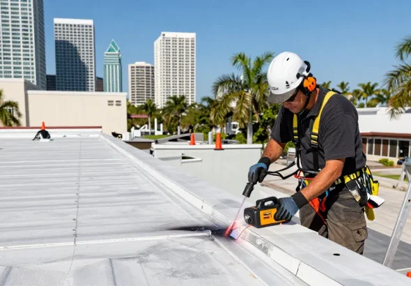 TPO roof repair in Tampa using specialized hot-air welding techniques by expert technicians, ensuring quality repairs.