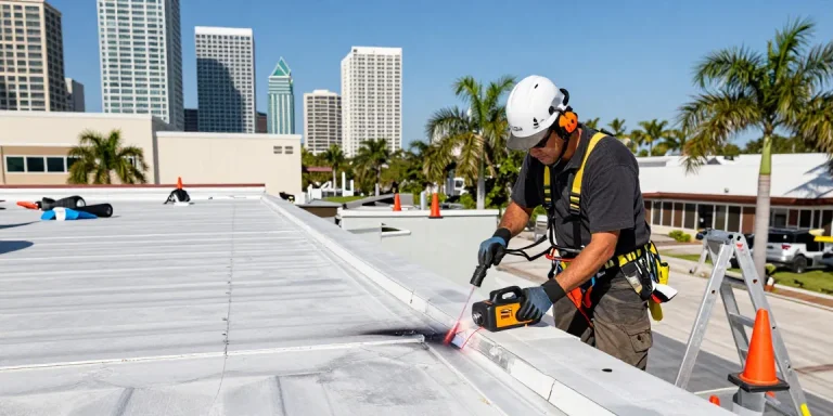 TPO roof repair in Tampa using specialized hot-air welding techniques by expert technicians, ensuring quality repairs.