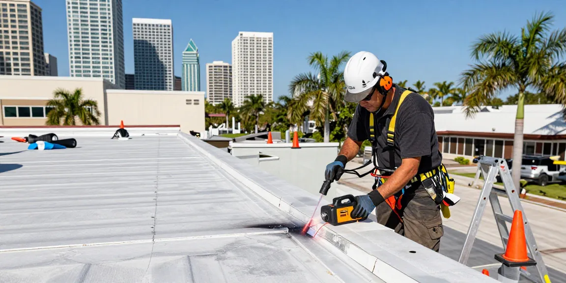 TPO roof repair in Tampa using specialized hot-air welding techniques by expert technicians, ensuring quality repairs.