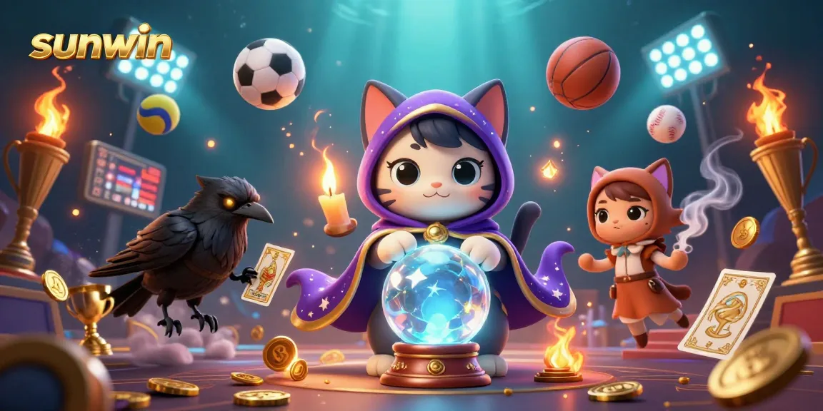 Experience thrilling sunwin gaming with a mystical cat and raven amidst dynamic sports elements.