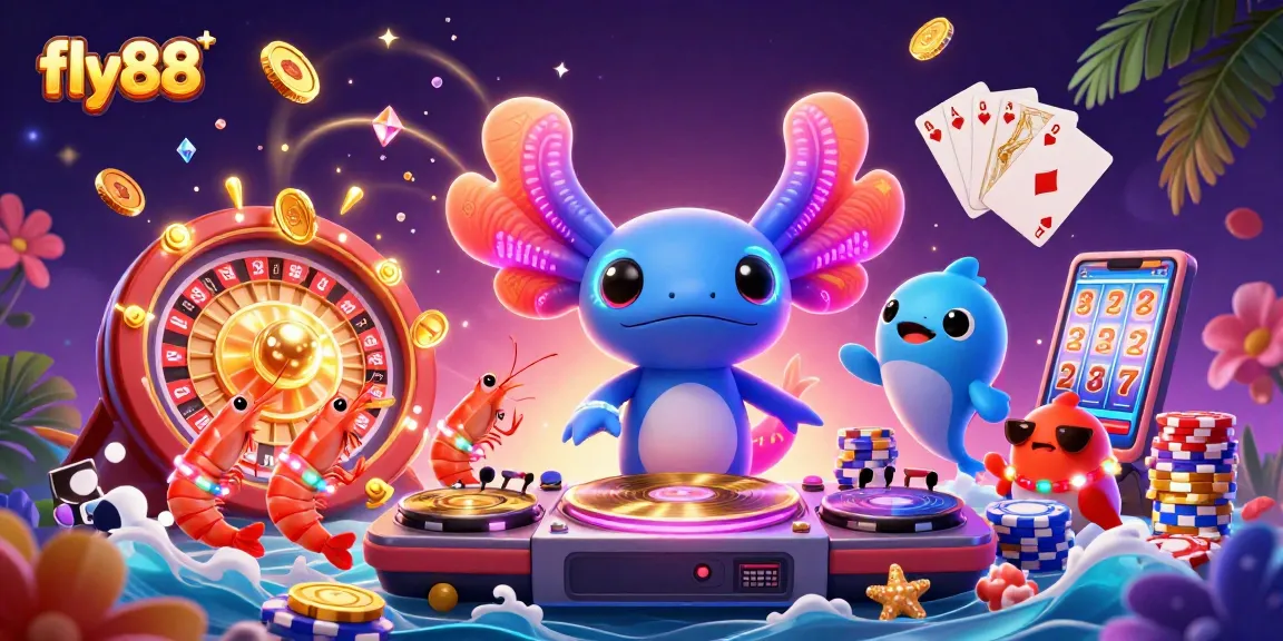 Experience the excitement of fly88 with a vibrant 3D digital scene featuring a neon axolotl DJ and immersive casino elements.