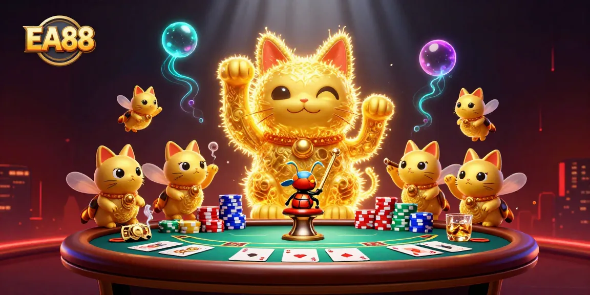 EA88 showcases a vibrant 3D scene with a golden lucky cat and poker elements in dynamic action