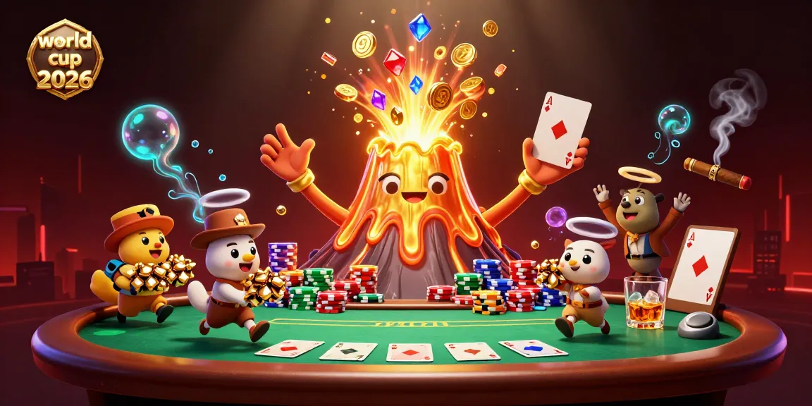Win at world cup 2026 with a thrilling illustration of a golden volcano bursting with treasures and poker excitement.