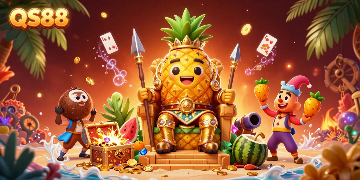 QS88 showcases an epic casino scene featuring a golden pineapple king and vibrant elements celebrating online gambling.