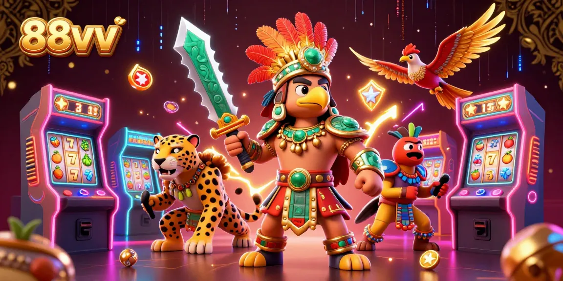 Experience the excitement of 88vv with a vivid illustration of Aztec warriors amidst casino slot elements.