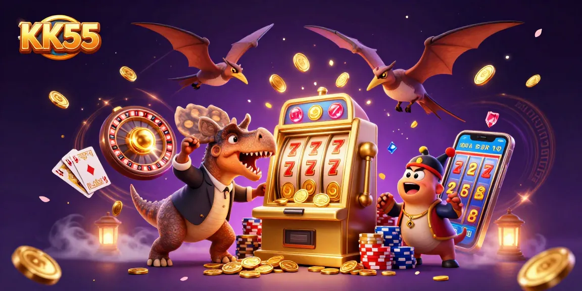 Experience the excitement of KK55 with a vibrant casino scene filled with slot machines and flying coins.