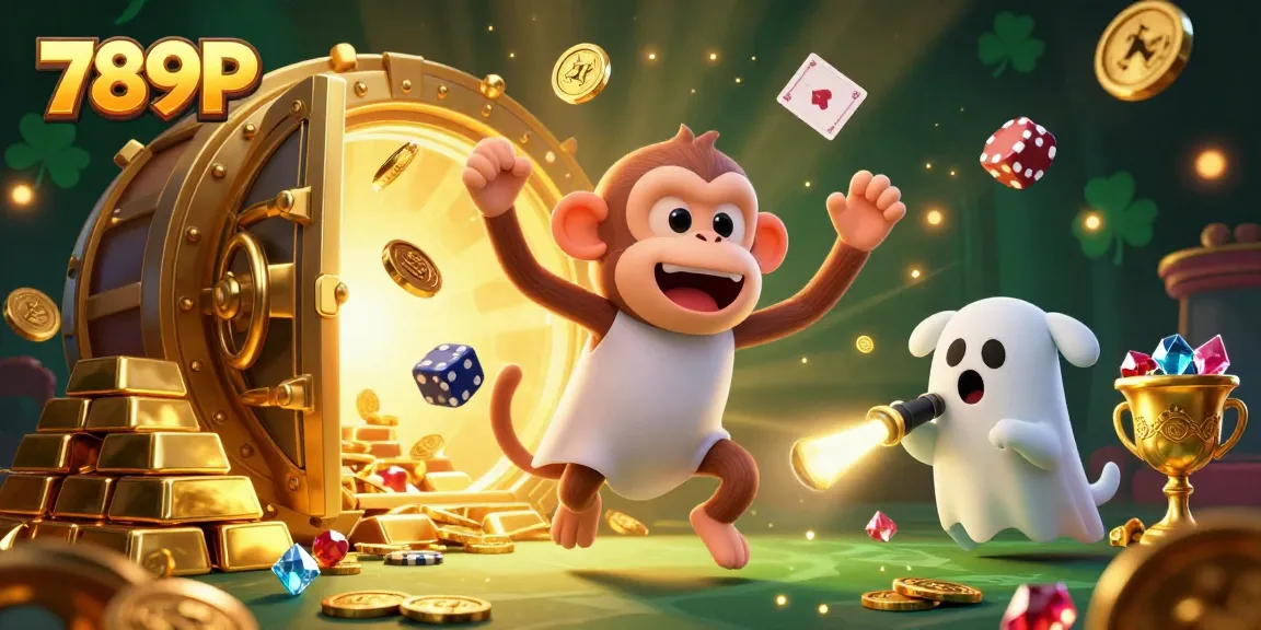 Engage with 789P's thrilling haunted casino where a mischievous monkey juggles golden treasures while a curious puppy investigates.