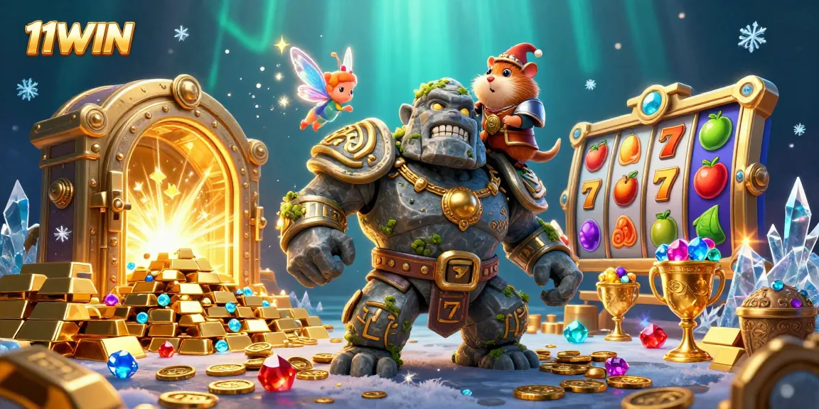 Spin big wins with 11WIN: Join the adventure with fantasy characters in a lively casino scene.