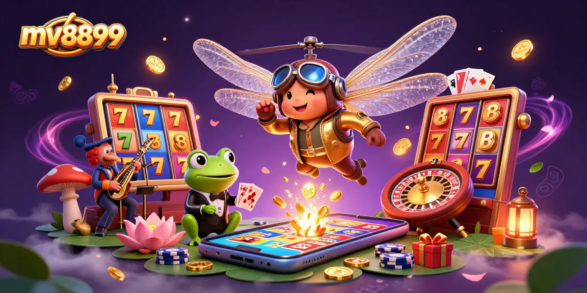 Experience excitement at mv8899 casino with dragonfly pilot and frog croupier in a vibrant scene.