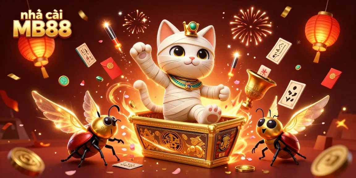 Join the excitement at nhà cái MB88 with a charismatic Egyptian mummy cat bursting from a casino scene!