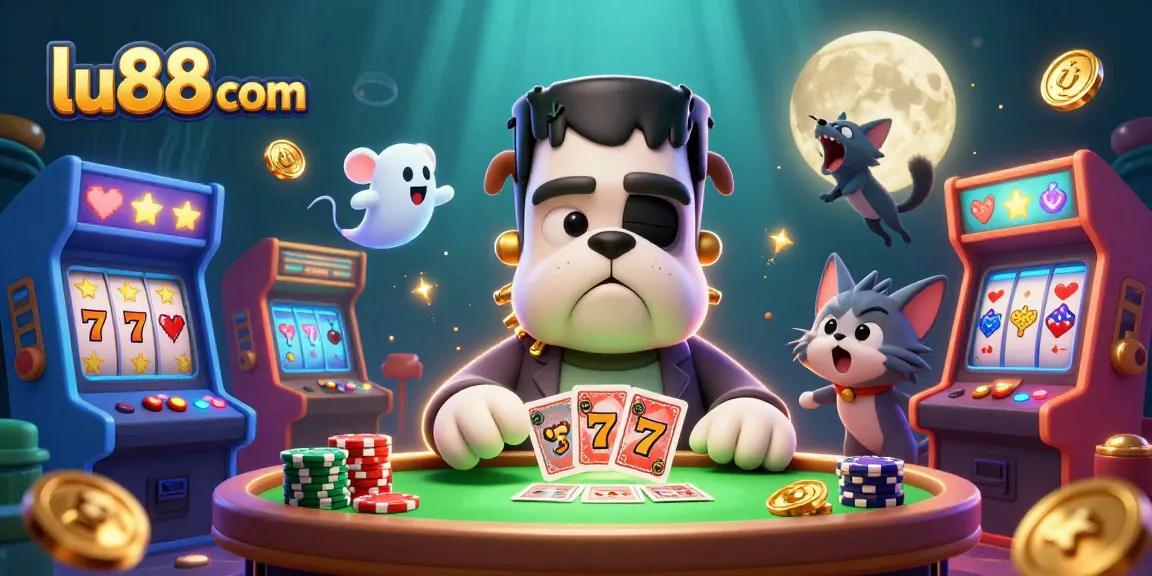 Engaging scene at lu88 com with a Frankenstein bulldog dealing cards amid colorful slot machines.