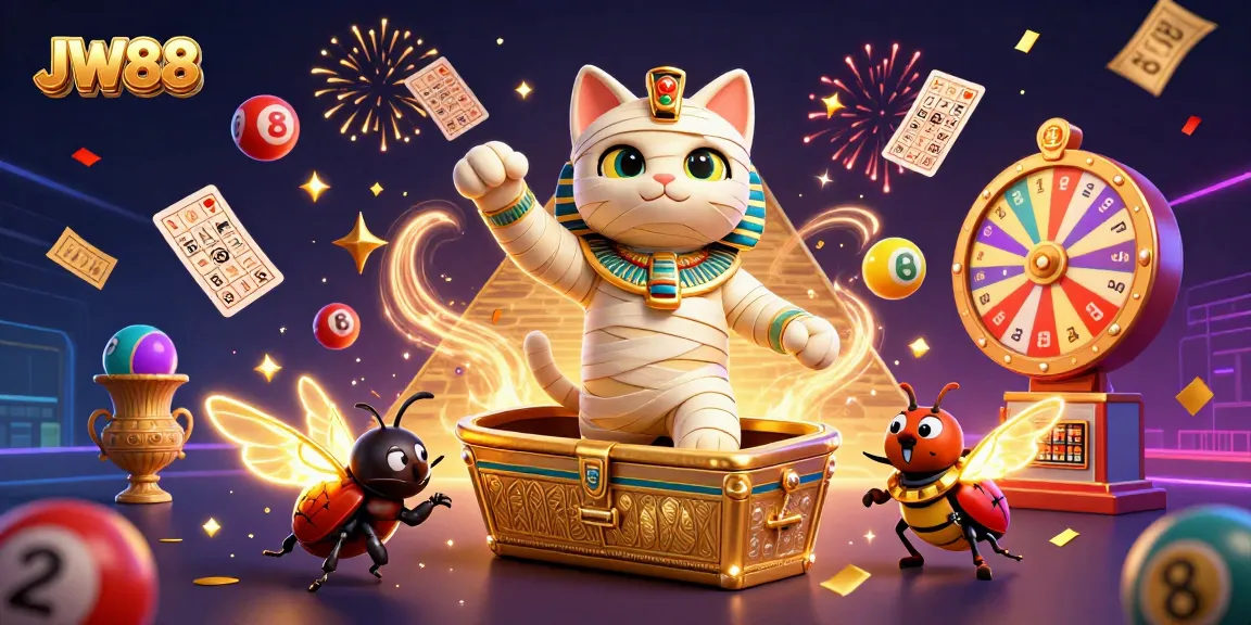JW88 engages players with a 3D cartoony mummy cat and golden sarcophagus in a vibrant casino scene.