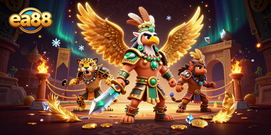 Engage in thrilling gameplay at ea88, featuring vibrant Aztec warriors amidst golden casino elements.
