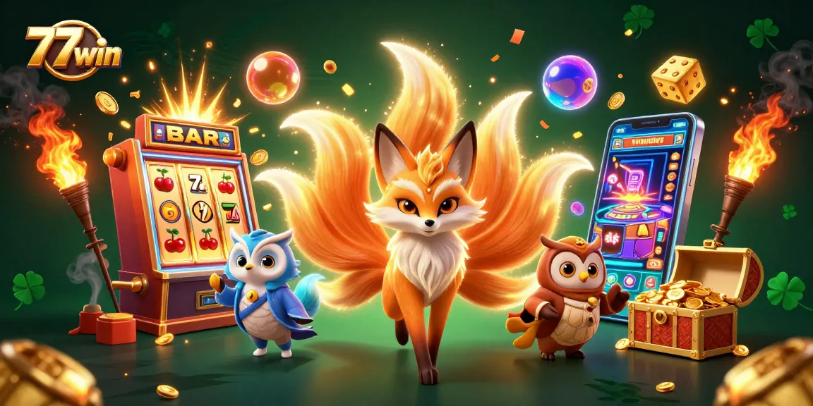 Experience the thrilling 77win jackpot explosion with vibrant casino elements and characters.
