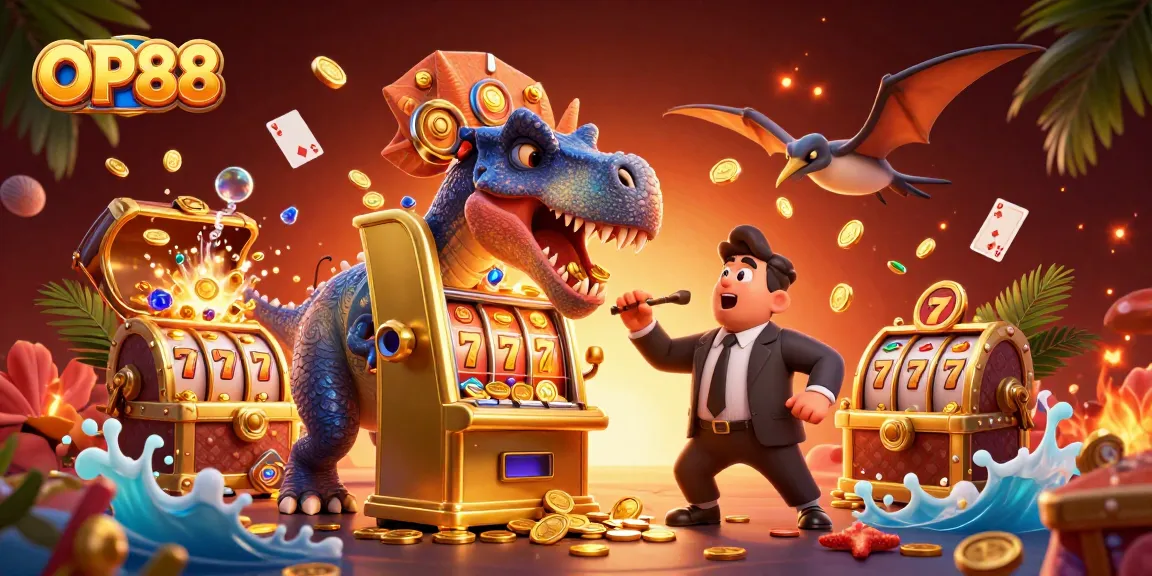OP88 portrays a pachycephalosaurus winning jackpot coins at a slot machine, showcasing vibrant casino elements.