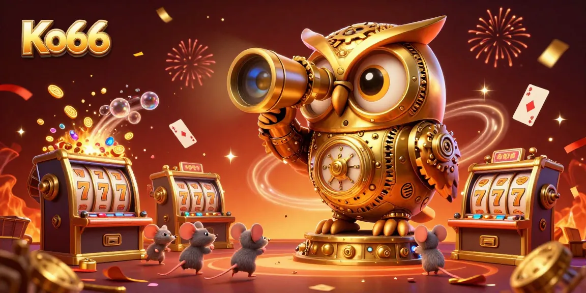 Experience the thrill of Ko66 with a vibrant casino scene featuring a golden owl and animated elements.