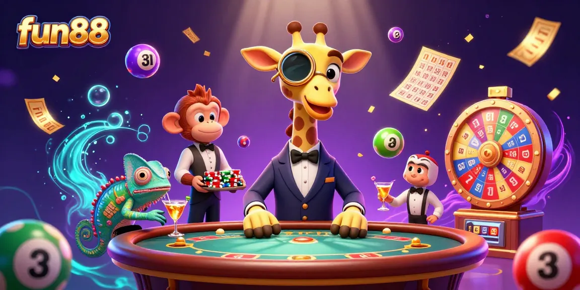 Experience excitement at fun88 with a unique 3D casino scene featuring vibrant game elements.