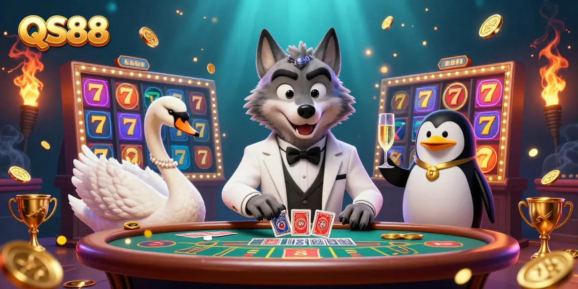 Experience the thrilling ambiance of QS88, featuring a debonair wolf, an elegant swan, and a penguin presenting champagne amidst a vibrant casino scene.