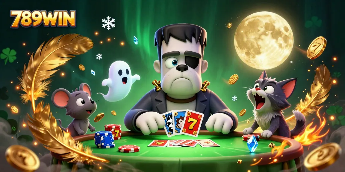 Engage with 789WIN as the Frankenstein bulldog dealer hosts a lively card game among magical creatures in a vibrant casino.