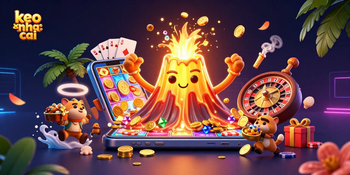 Engage with keo nha cai featuring a triumphant golden volcano erupting coins amidst vibrant casino elements.