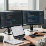Focused developer using RTI Scheduler in a modern workspace with multiple screens, coding, and project management tools.