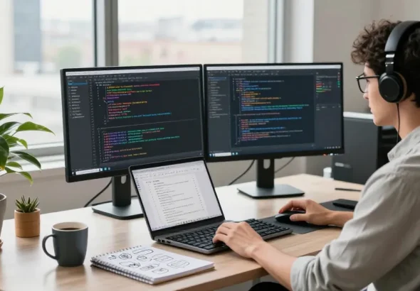 Focused developer using RTI Scheduler in a modern workspace with multiple screens, coding, and project management tools.
