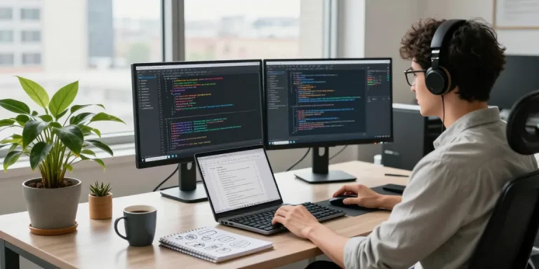 Focused developer using RTI Scheduler in a modern workspace with multiple screens, coding, and project management tools.
