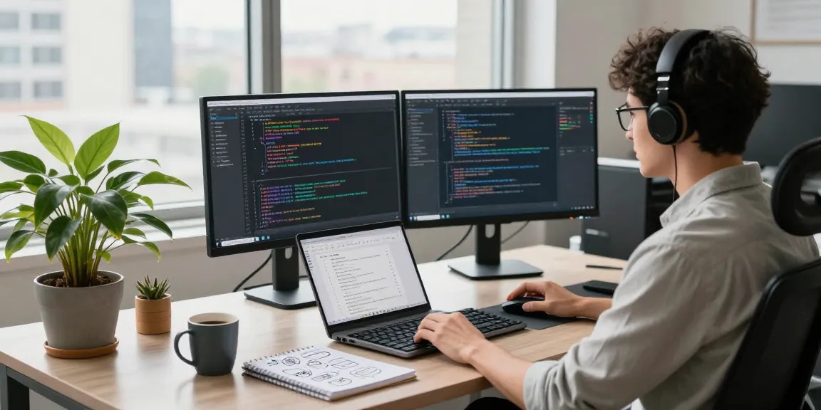 Focused developer using RTI Scheduler in a modern workspace with multiple screens, coding, and project management tools.