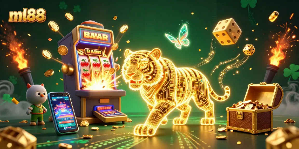 Experience the thrill of ml88 casino adventures with golden tiger and dynamic slot machines in a vibrant scene.