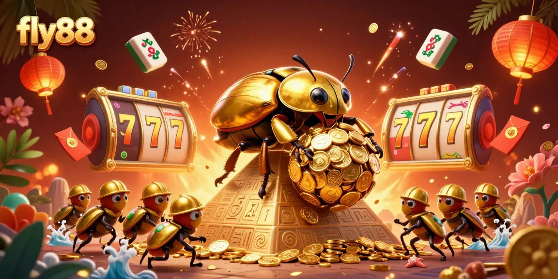 Experience thrilling wins at fly88 with a massive golden dung beetle surrounded by dynamic casino elements.
