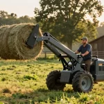 Farm electric loader lifting hay bales in a picturesque rural setting.
