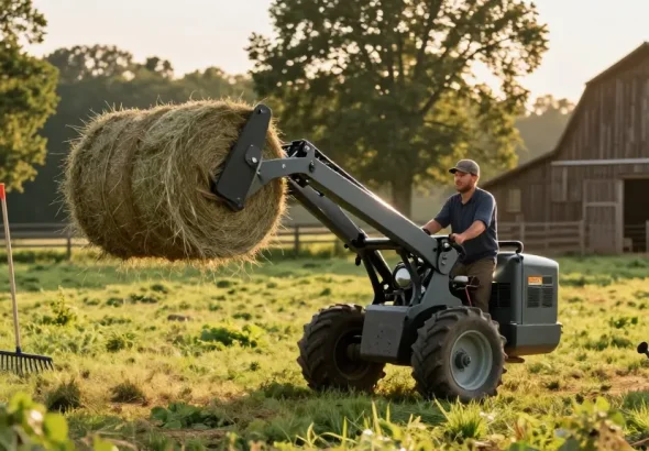 Farm electric loader lifting hay bales in a picturesque rural setting.