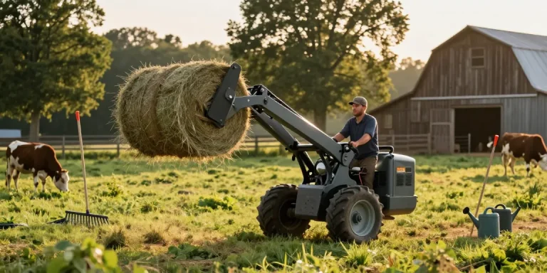 Farm electric loader lifting hay bales in a picturesque rural setting.
