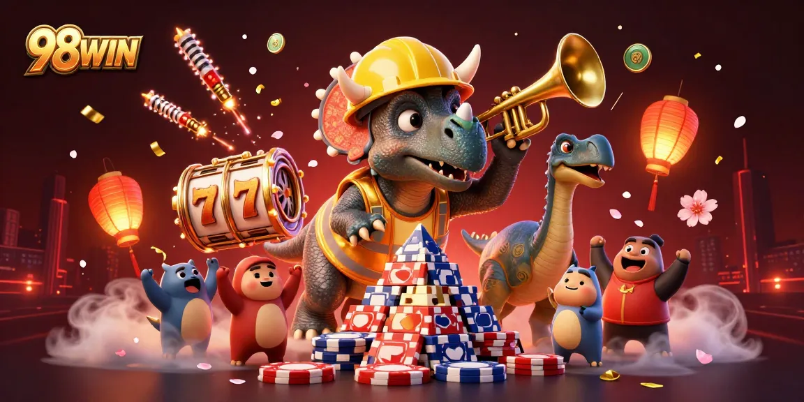 Engage in exciting games at 98WIN with vibrant poker chip pyramids and animated celebrations.